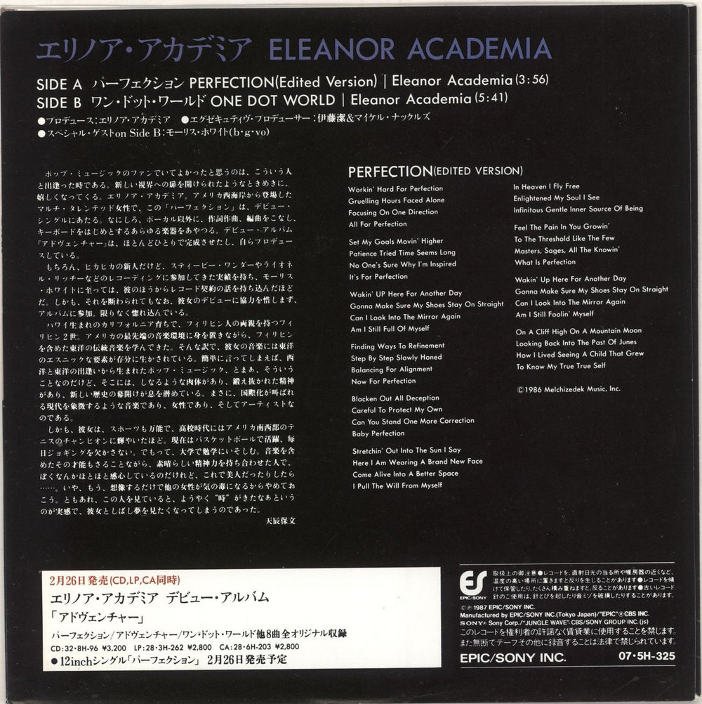 Eleanor Academia Perfection - Promo + Sleeve Japanese Promo 7" vinyl single (7 inch record / 45) Q7F07PE742741