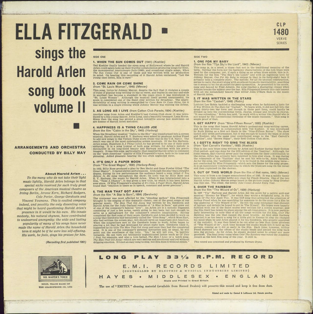 Ella Fitzgerald Sings The Harold Arlen Song Book Volume 2 UK vinyl LP album (LP record)