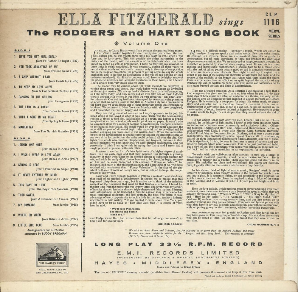 Ella Fitzgerald Sings The Rodgers & Hart Song Book - Volume One UK vinyl LP album (LP record)