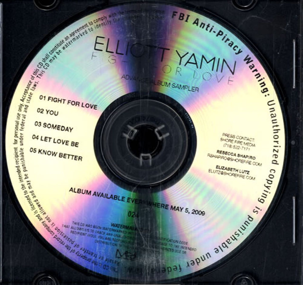 Elliott Yamin Fight For Love - Album Sampler US Promo CD-R acetate CDR ACETATE