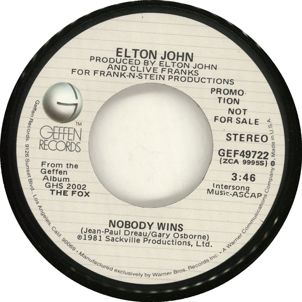 Elton John Nobody Wins US Promo 7" vinyl single (7 inch record / 45) JOH07NO48266