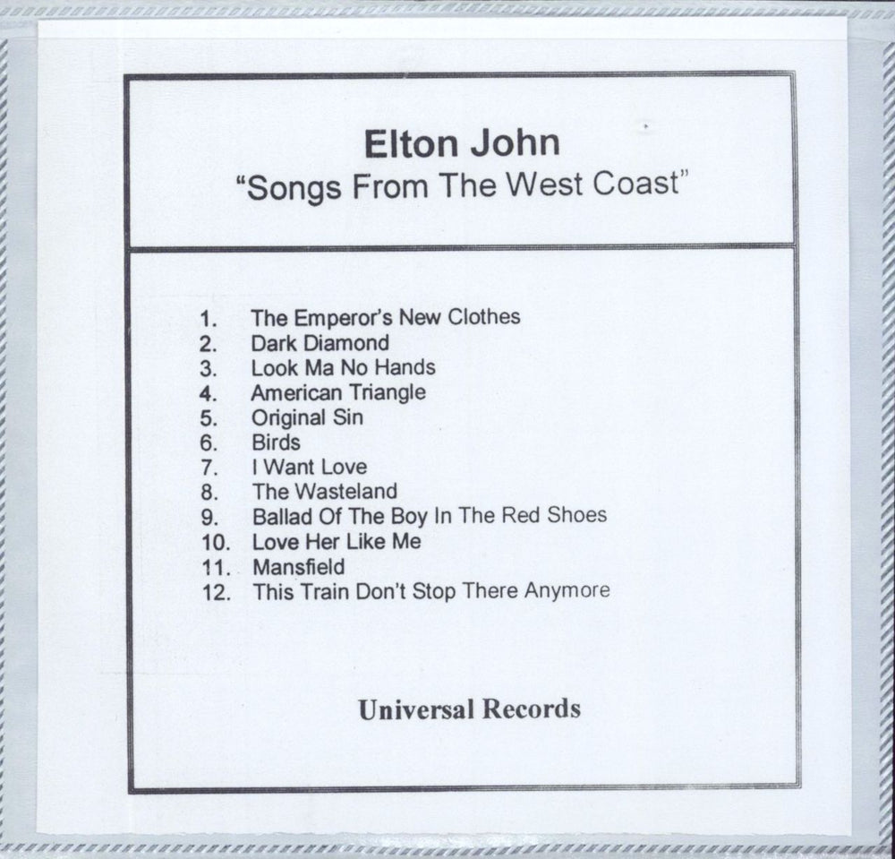 Elton John Songs From The West Coast US Promo CD-R acetate CD ACETATE