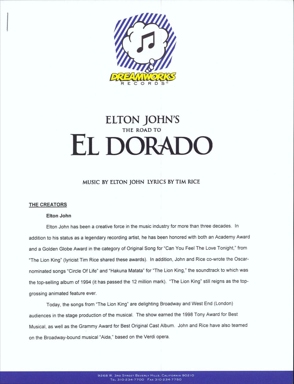 Elton John The Road To El Dorado US Promo media press pack JOHPPTH155957