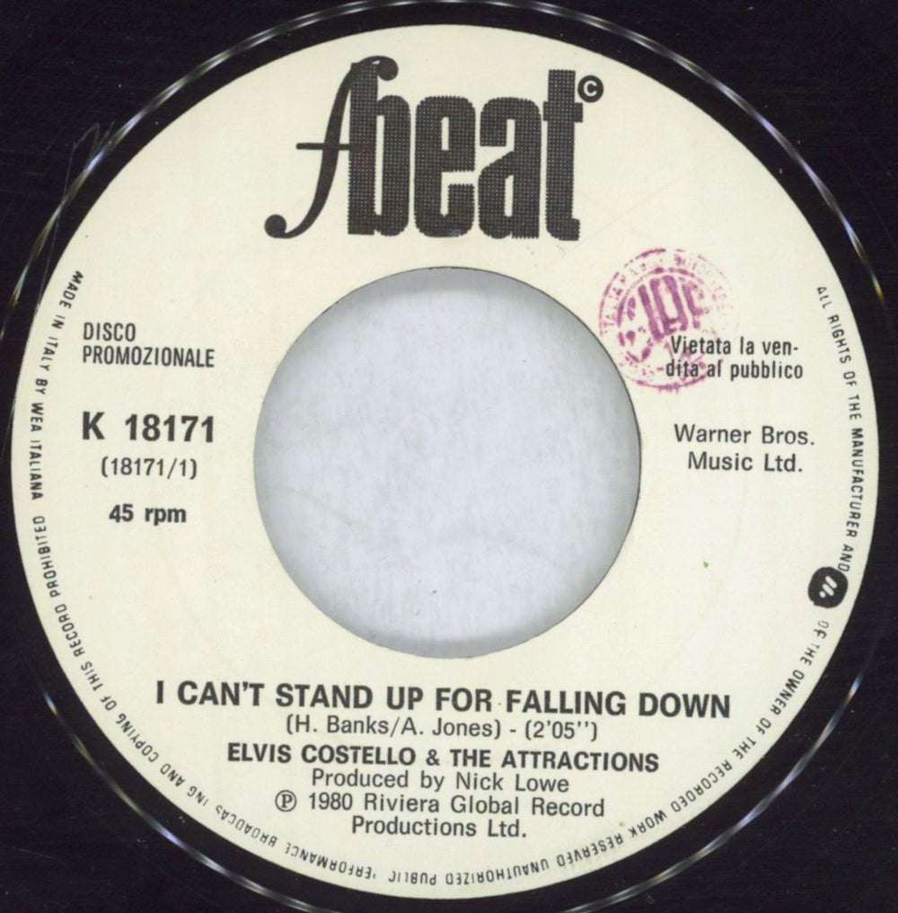 Elvis Costello I Can't Stand Up For Falling Down Italian 7" vinyl single (7 inch record / 45) COS07IC824308