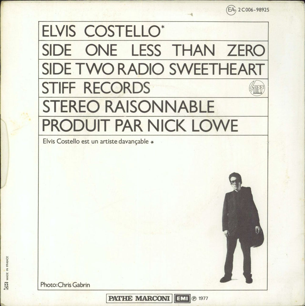 Elvis Costello Less Than Zero French 7" vinyl single (7 inch record / 45)