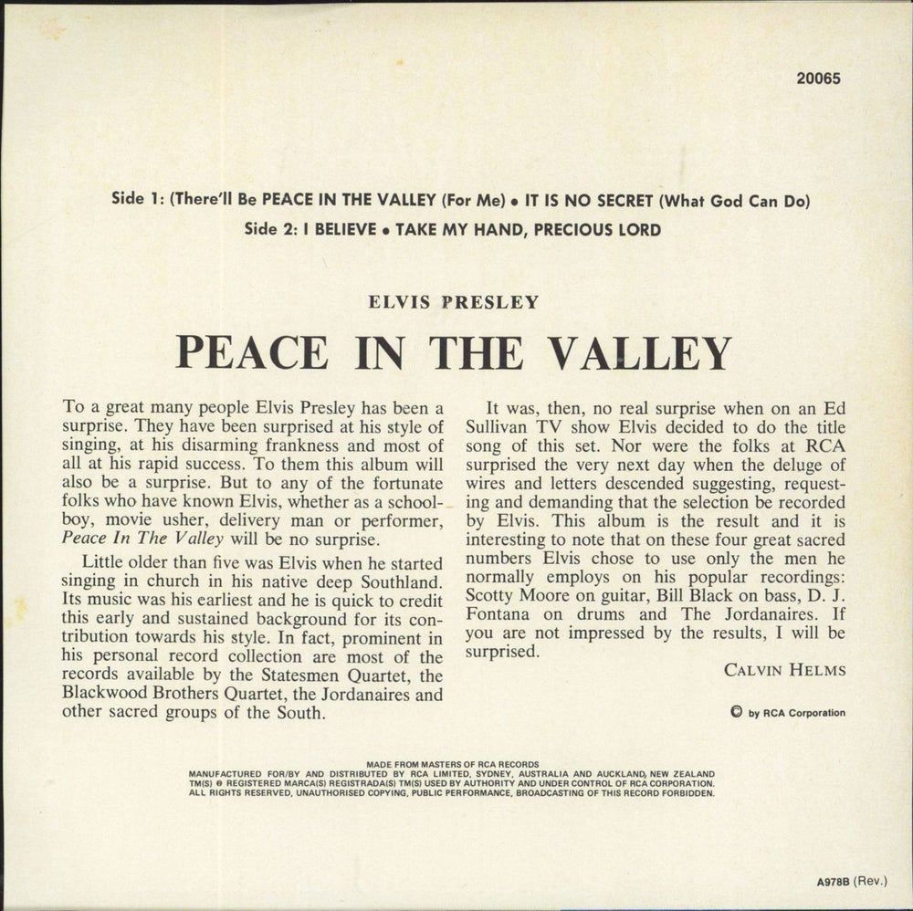 Elvis Presley Peace In The Valley Australian 7" vinyl single (7 inch record / 45)