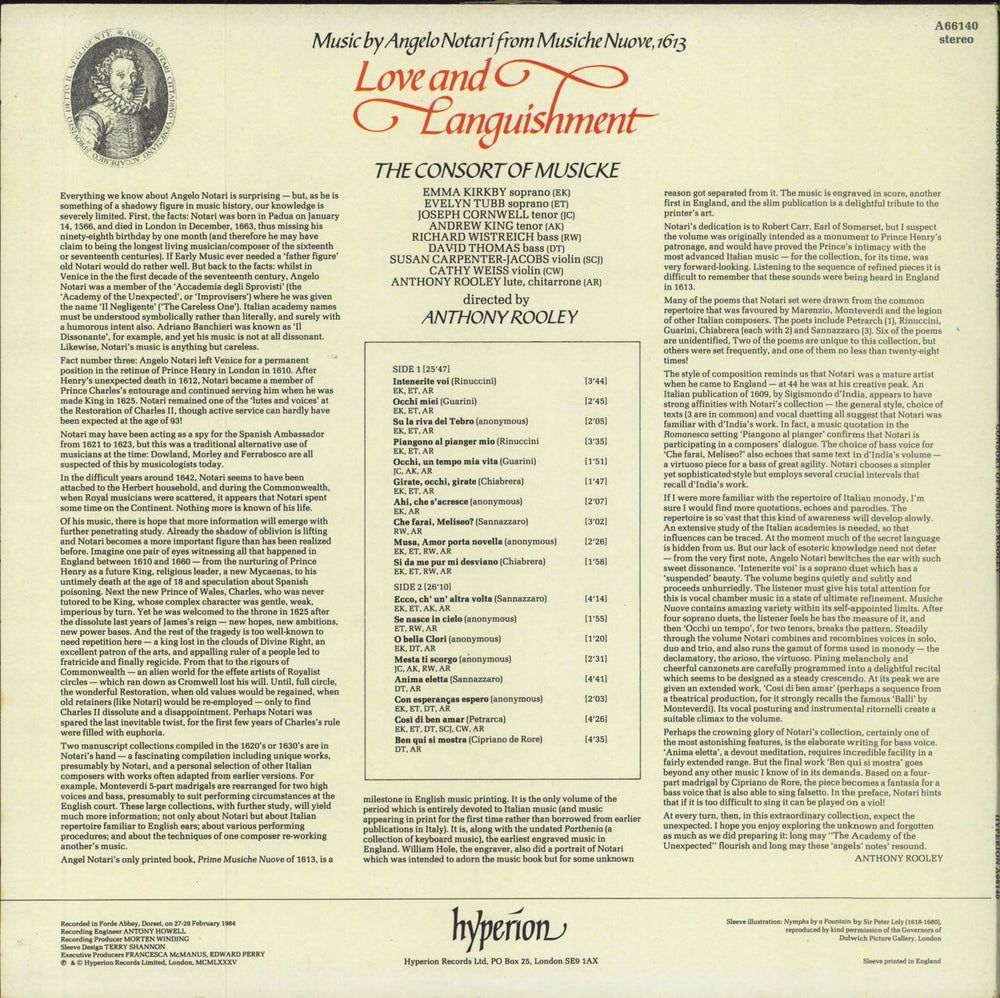 Emma Kirkby Love And Languishment (Music By Angelo Notari From Musiche Nuove, 1613) UK vinyl LP album (LP record)