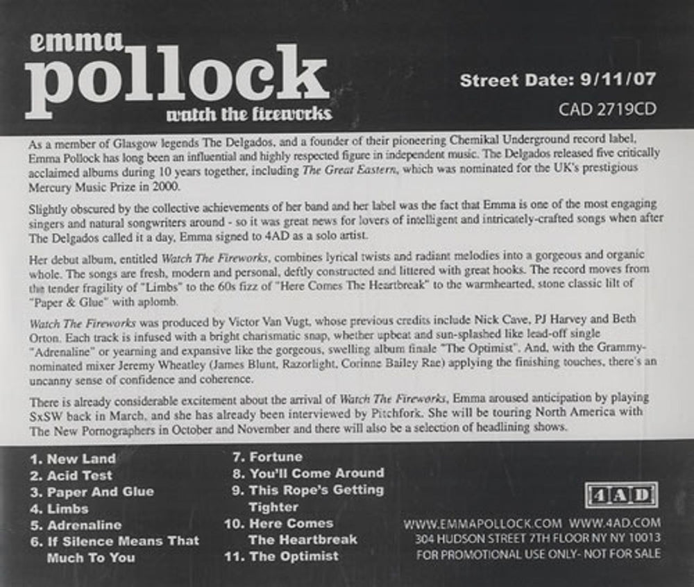 Emma Pollock Watch The Fireworks US Promo CD album (CDLP) CAD2719CD