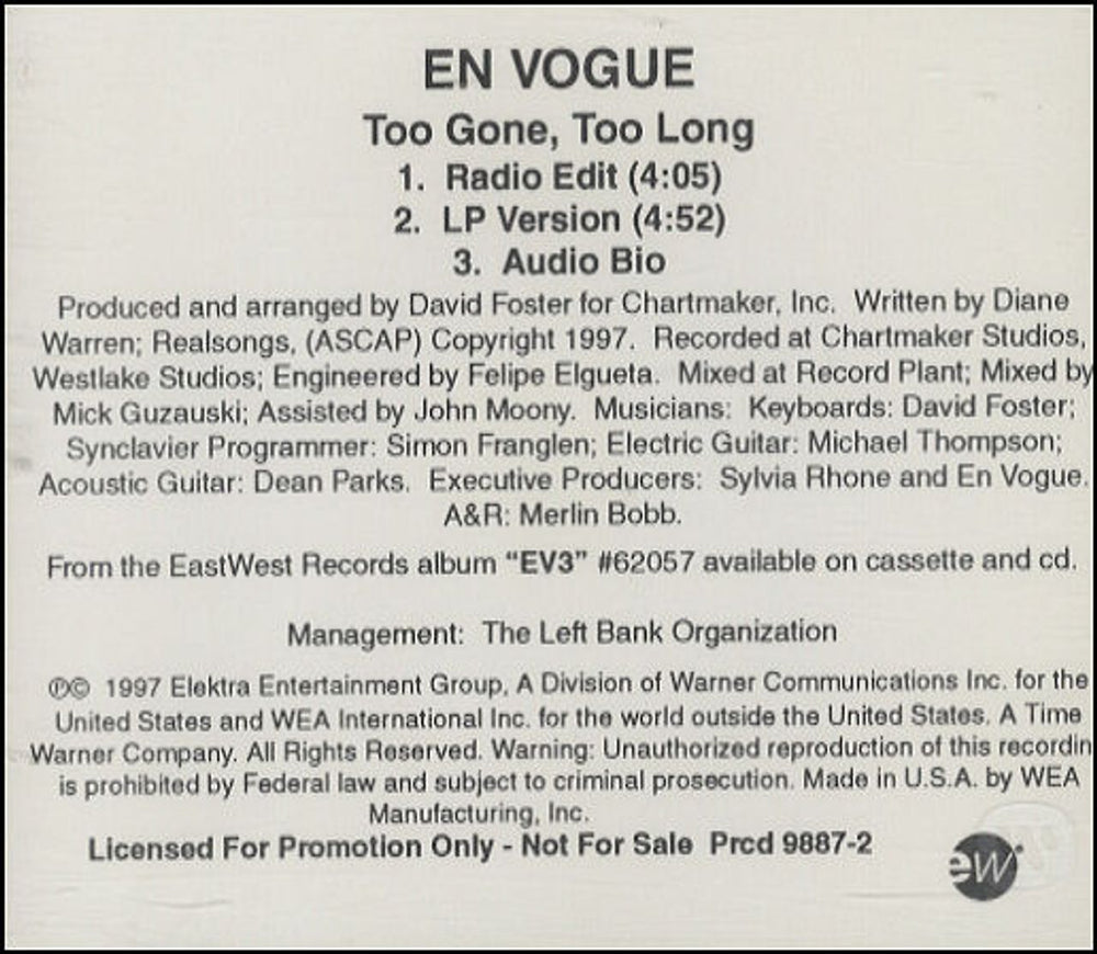 En Vogue Too Gone Too Long US Promo CD single (CD5 / 5") PRCD-9887-2