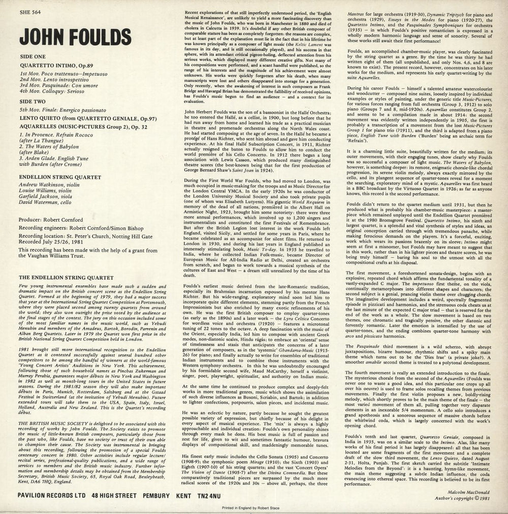 Endellion String Quartet John Foulds UK vinyl LP album (LP record)