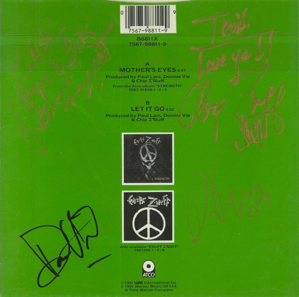 Enuff Z' Nuff Mother's Eyes - Green Vinyl - Fully Autographed UK 7" vinyl single (7 inch record / 45) 075679881199