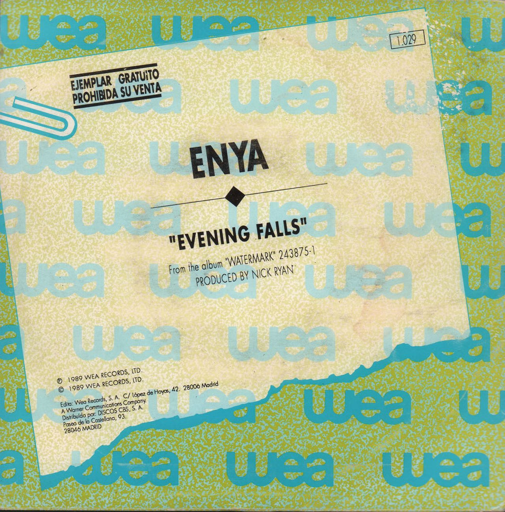 Enya Evening Falls - WEA Sleeve Spanish Promo 7" vinyl single (7 inch record / 45)