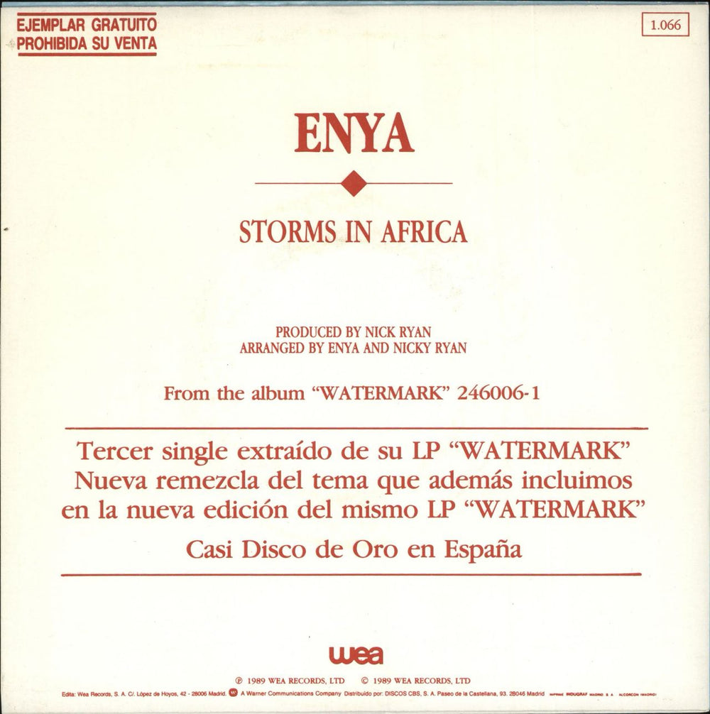 Enya Storms In Africa Spanish Promo 7" vinyl single (7 inch record / 45)