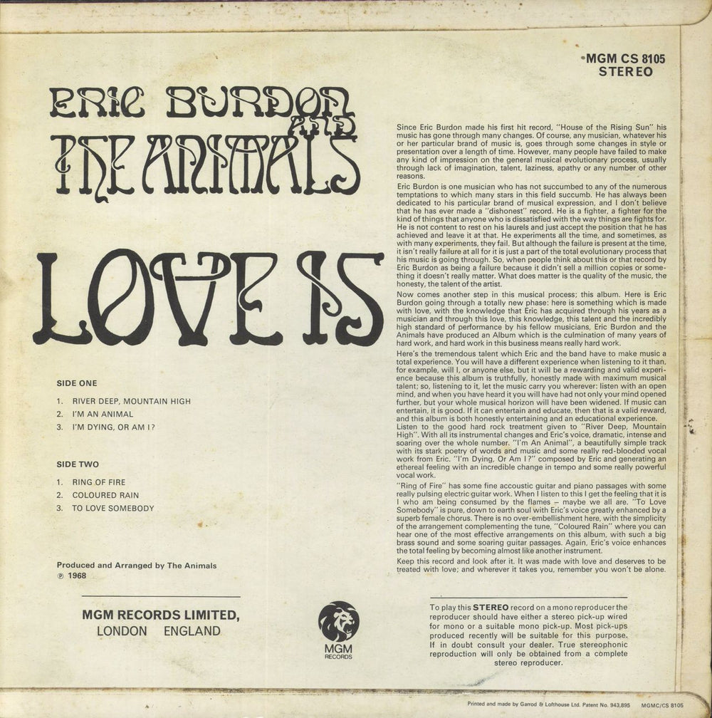 Eric Burdon & The Animals Love Is - VG UK vinyl LP album (LP record)