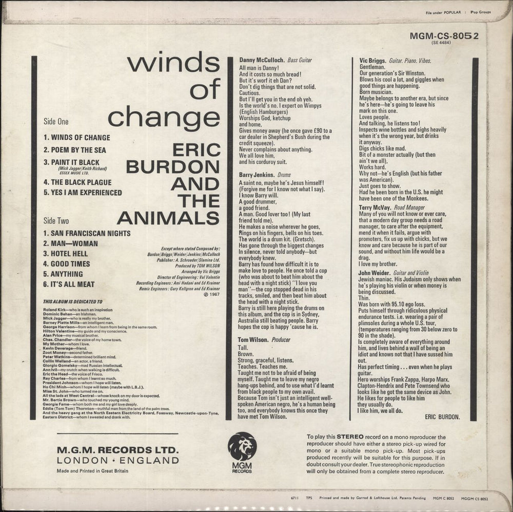 Eric Burdon & The Animals Winds Of Change - Stereo UK vinyl LP album (LP record)