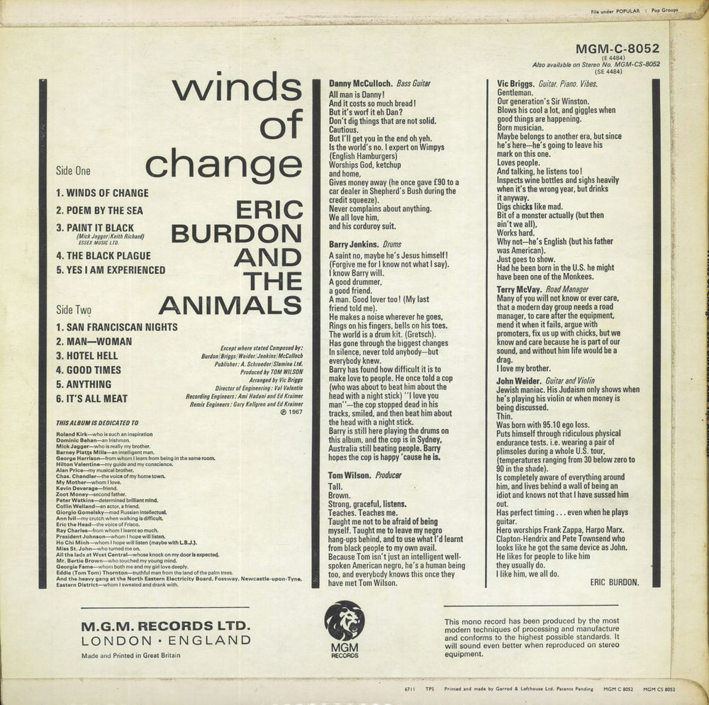 Eric Burdon & The Animals Winds Of Change UK vinyl LP album (LP record)