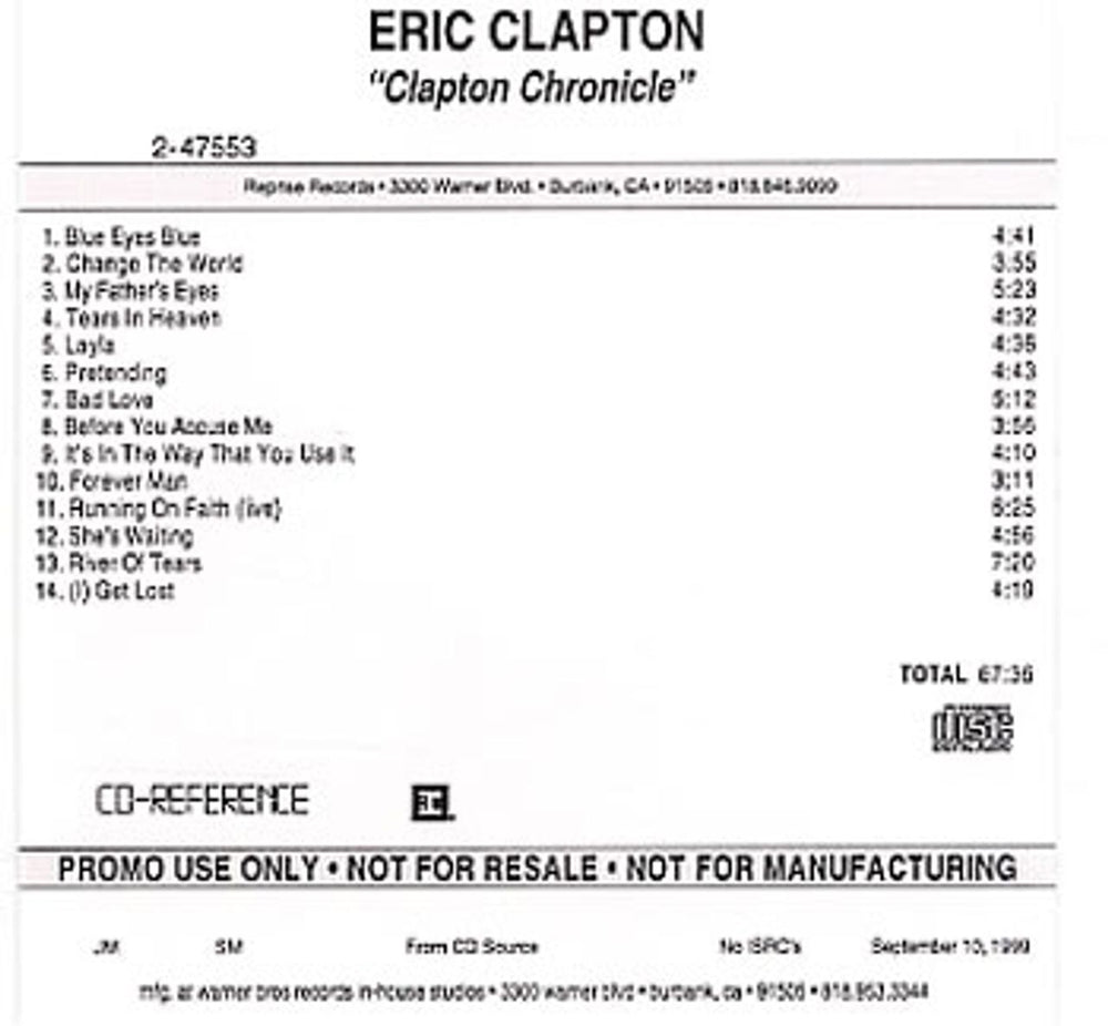 Eric Clapton Clapton Chronicle US Promo CD-R acetate CD ACETATE