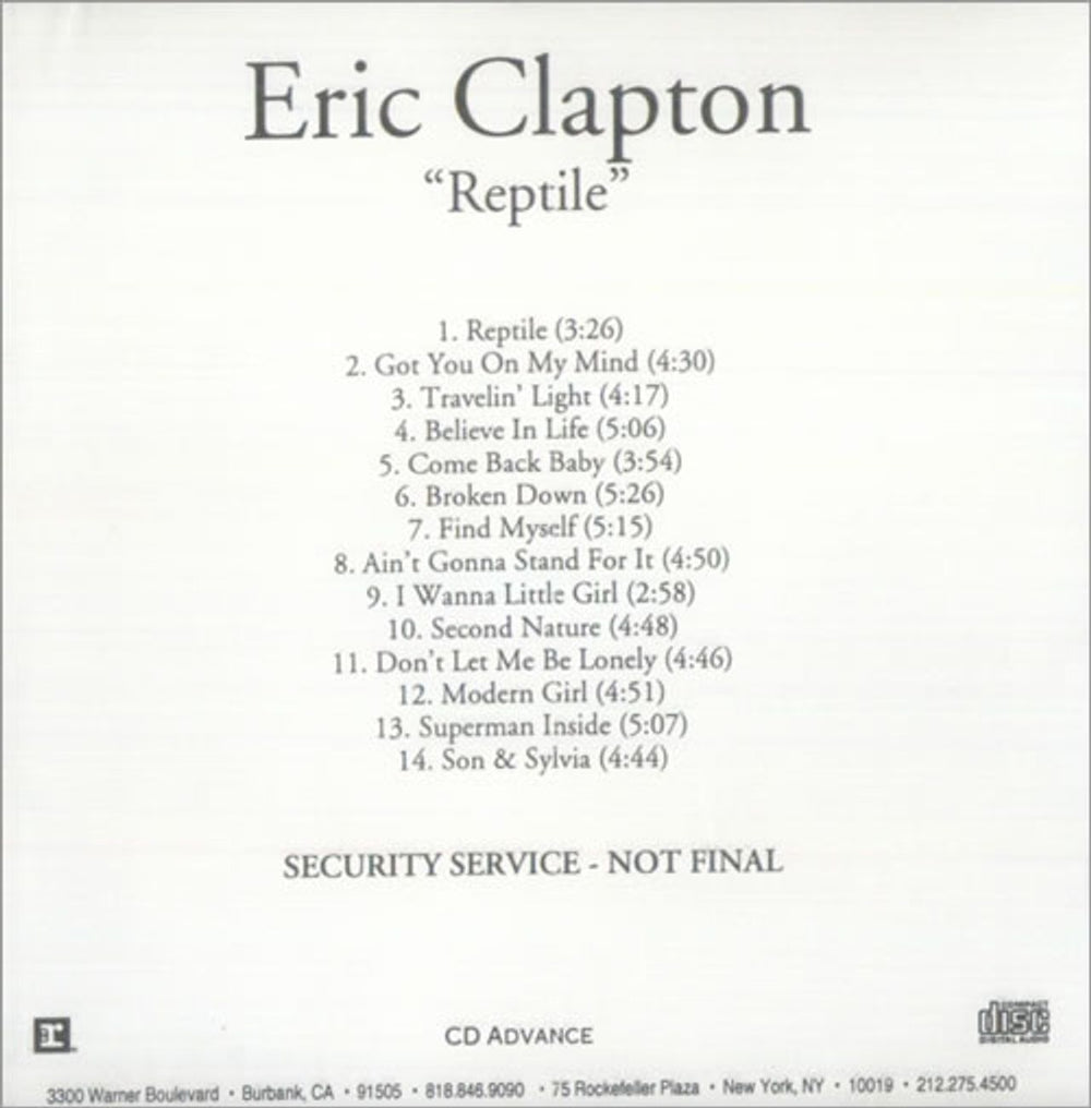 Eric Clapton Reptile US Promo CD-R acetate CD ACETATE