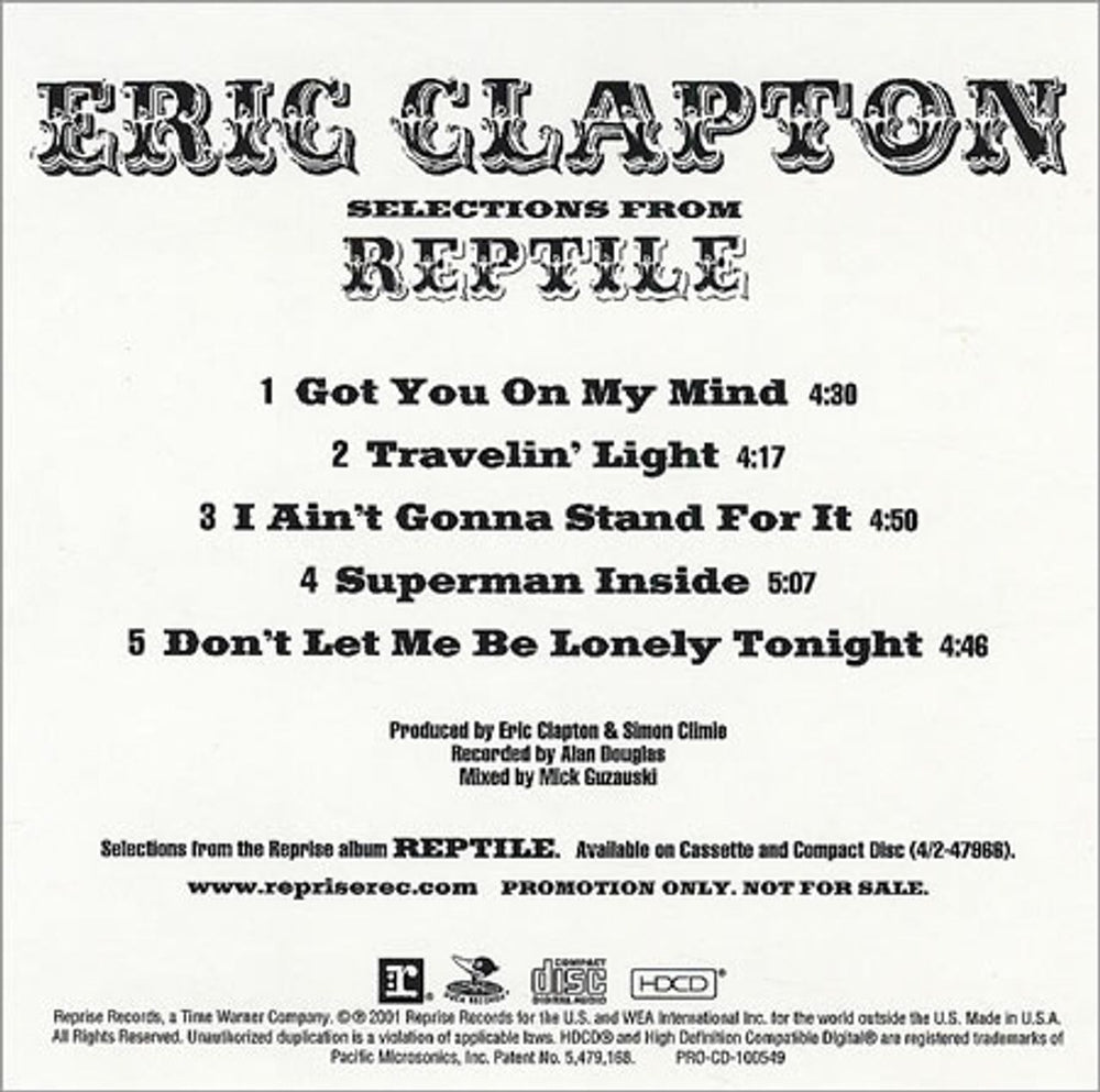 Eric Clapton Selections From Reptile US Promo CD single (CD5 / 5") PRO-CD-100549