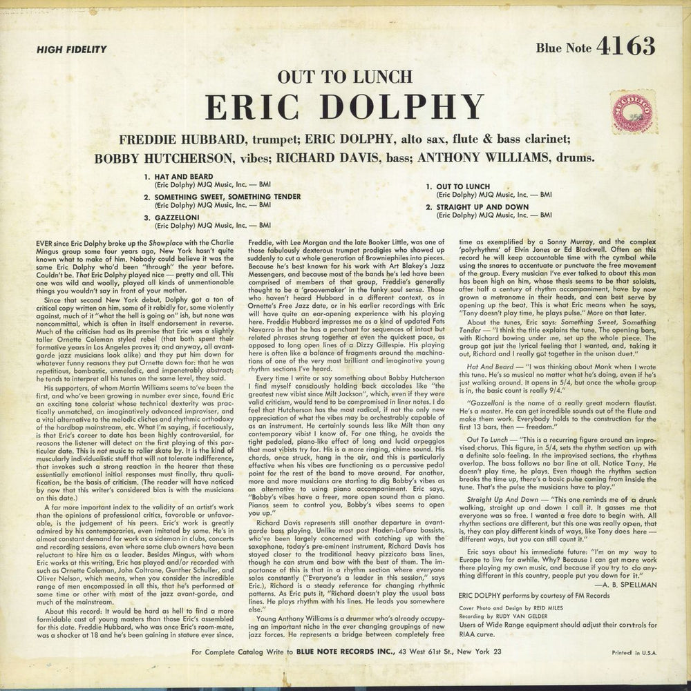 Eric Dolphy Out To Lunch - 1st NY - VG US vinyl LP album (LP record)