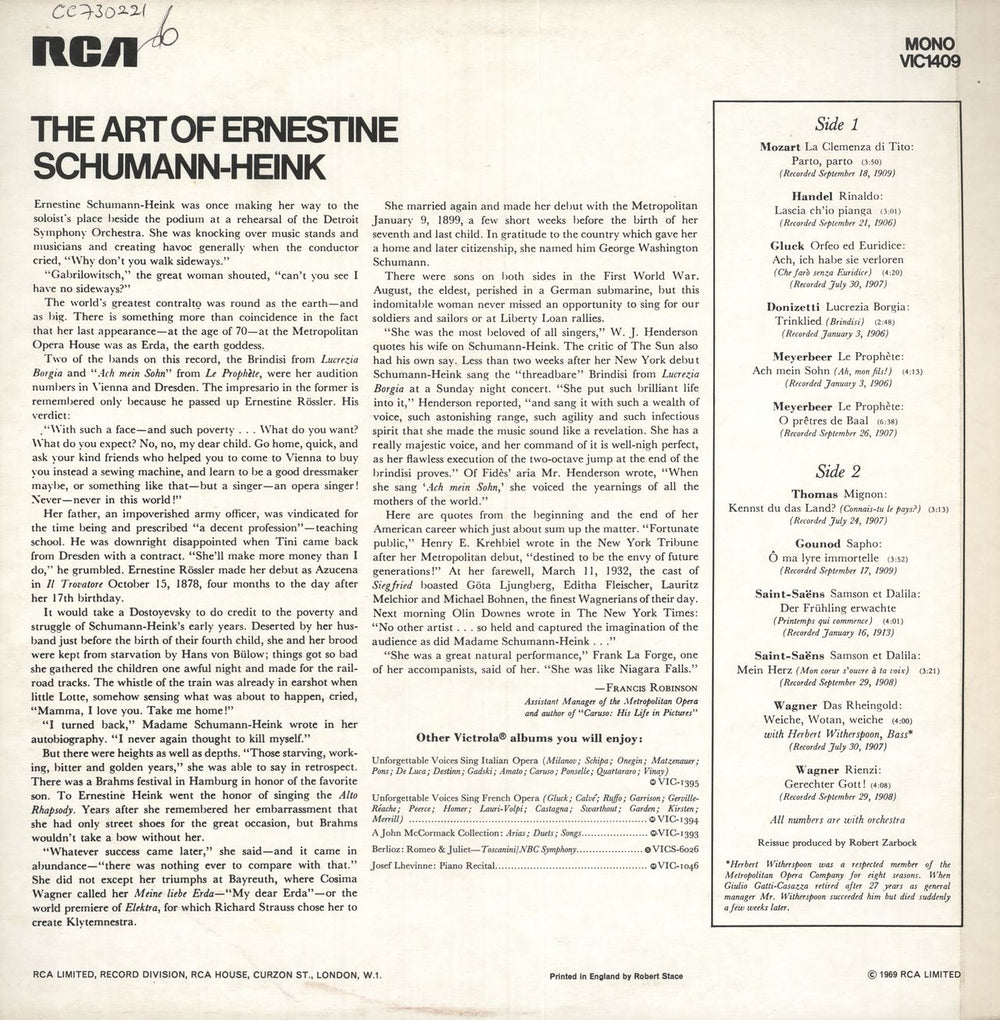 Ernestine Schumann-Heink The Art Of Ernestine Schumann-Heink - Arias By Mozart Donizetti Gounod Wagner Etc UK vinyl LP album (LP record)