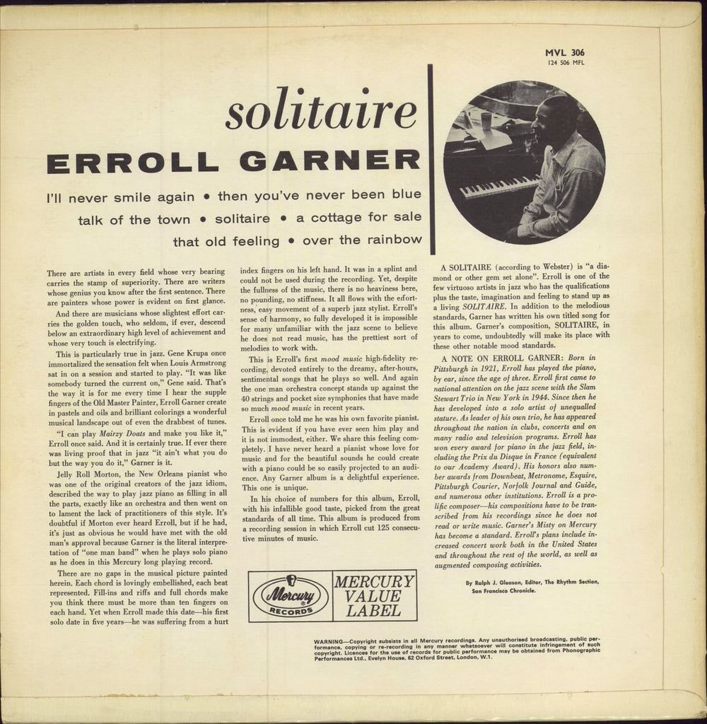 Erroll Garner Solitaire UK vinyl LP album (LP record)