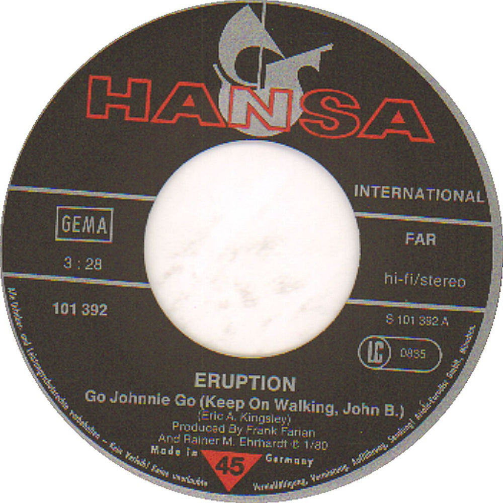 Eruption (Funk) Go Johnnie Go (Keep On Walking John B) German 7" vinyl single (7 inch record / 45) ET-07GO657539