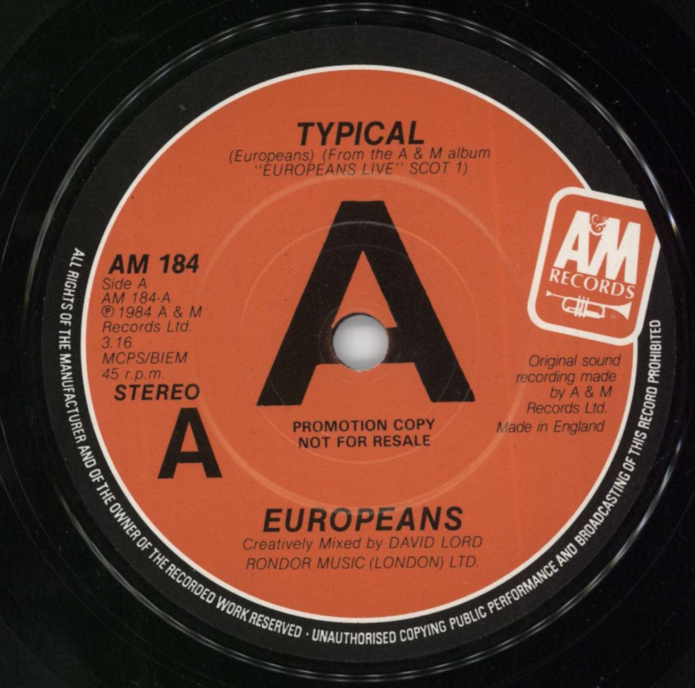 Europeans Typical / Falling - A Label UK Promo 7" vinyl single (7 inch record / 45) URO07FA205295