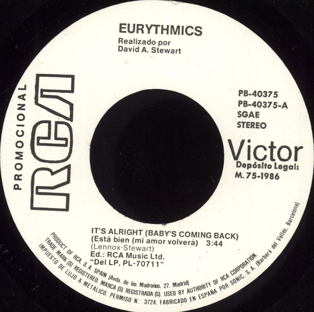 Eurythmics Está Bien (Mi Amor Volverá) Spanish Promo 7" vinyl single (7 inch record / 45) EUR07IT191148