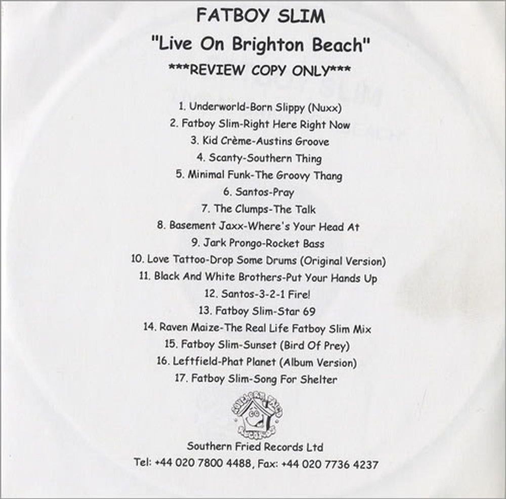 Fatboy Slim Live On Brighton Beach UK Promo CD-R acetate CDR ACETATE