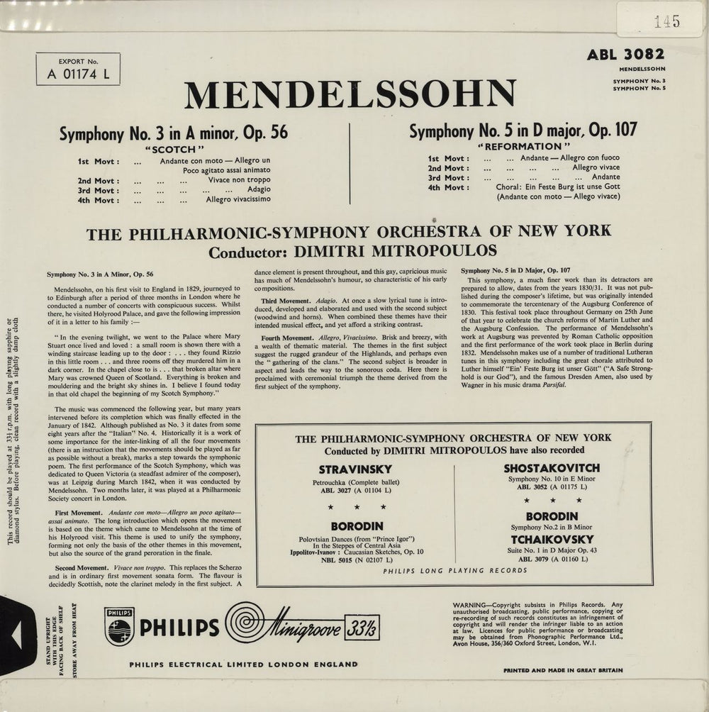 Felix Mendelssohn Symphony No. 3 In A Minor, Op. 56 "Scotch" UK vinyl LP album (LP record)