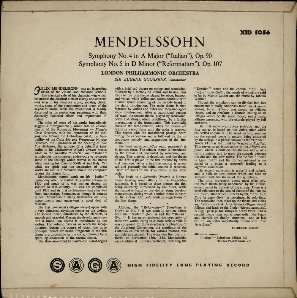 Felix Mendelssohn Symphony No. 4 In A Major, Op. 90 ("Italian") / Symphony No. 5 In D Minor, Op. 107 ("Reformation") UK vinyl LP album (LP record)