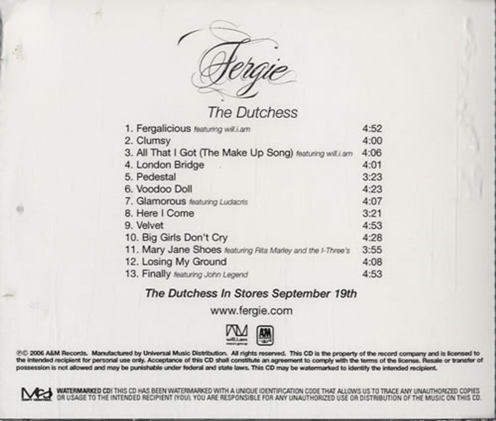 Fergie The Dutchess US Promo CD-R acetate CDR-ACETATE