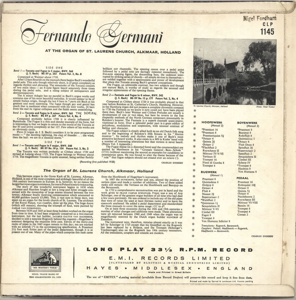 Fernando Germani J.S. Bach UK vinyl LP album (LP record) H4WLPJS698102