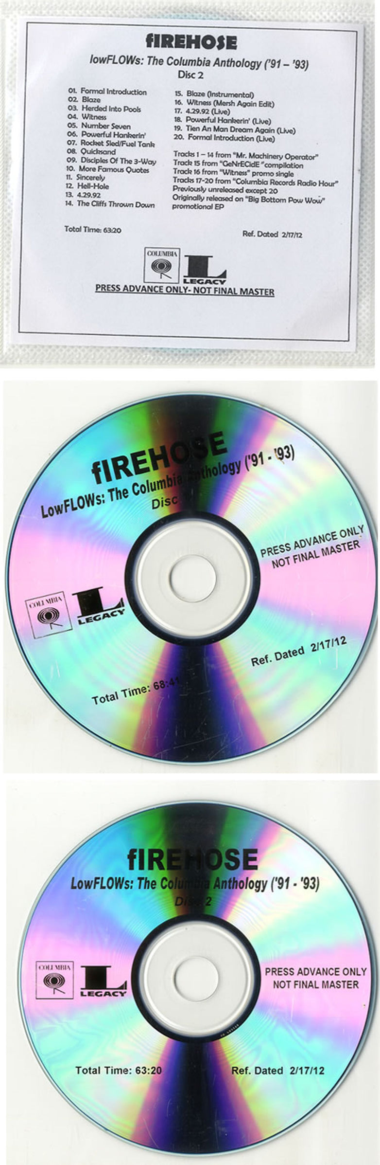 Firehose lowFLOWs: The Columbia Anthology ['91-'93] US Promo CD-R acetate FC5CRLO559021