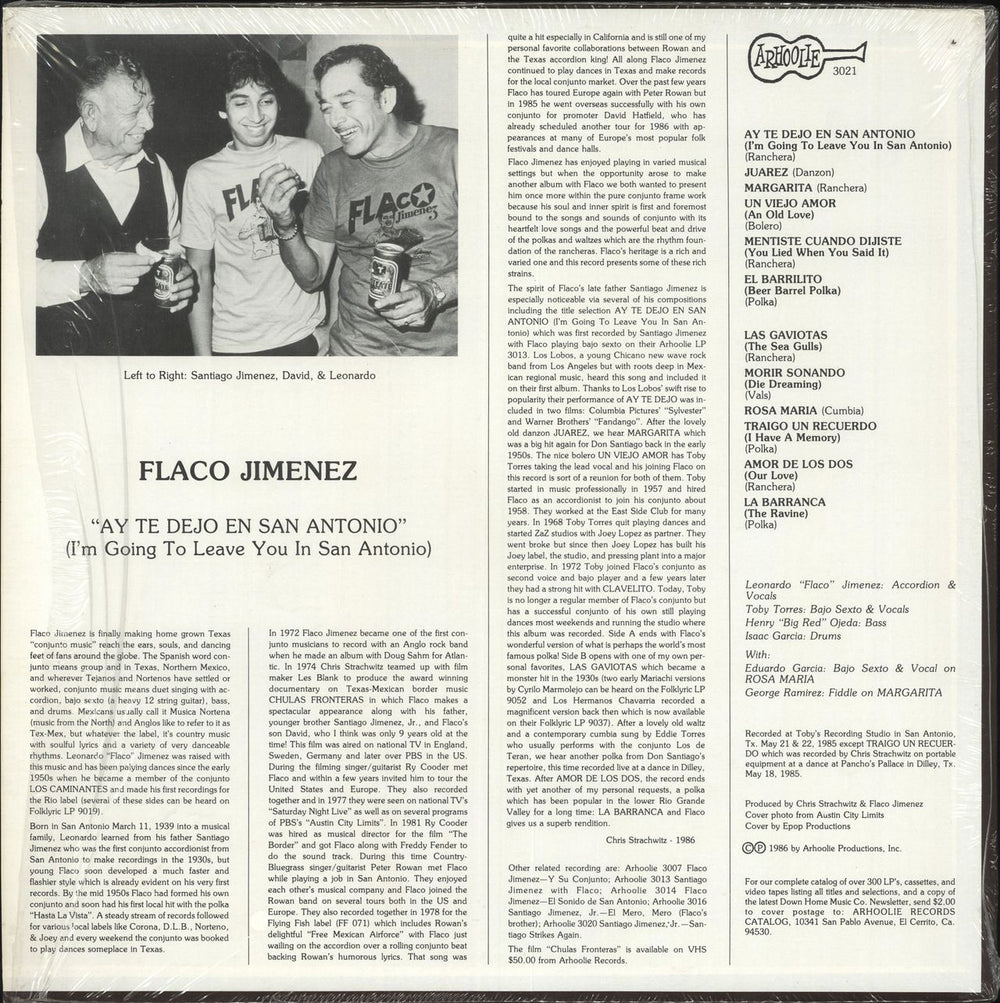 Flaco Jimenez Ay Te Dejo En San Antonio US vinyl LP album (LP record)