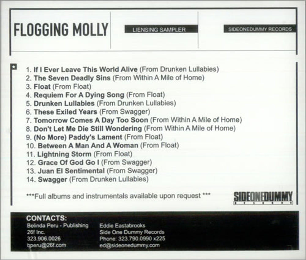 Flogging Molly Licensing Sampler US Promo CD album (CDLP) 16590