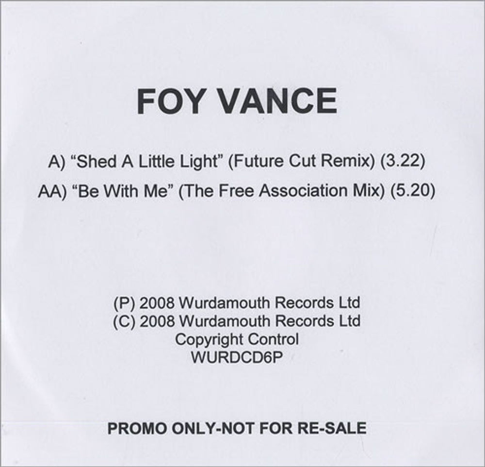 Foy Vance Shed A Little Light - Remix UK Promo CD-R acetate WURDCD6P