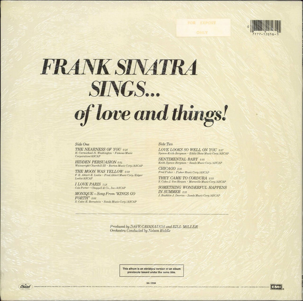 Frank Sinatra Sinatra Sings...Of Love And Things - Sealed US vinyl LP album (LP record) 077771205811