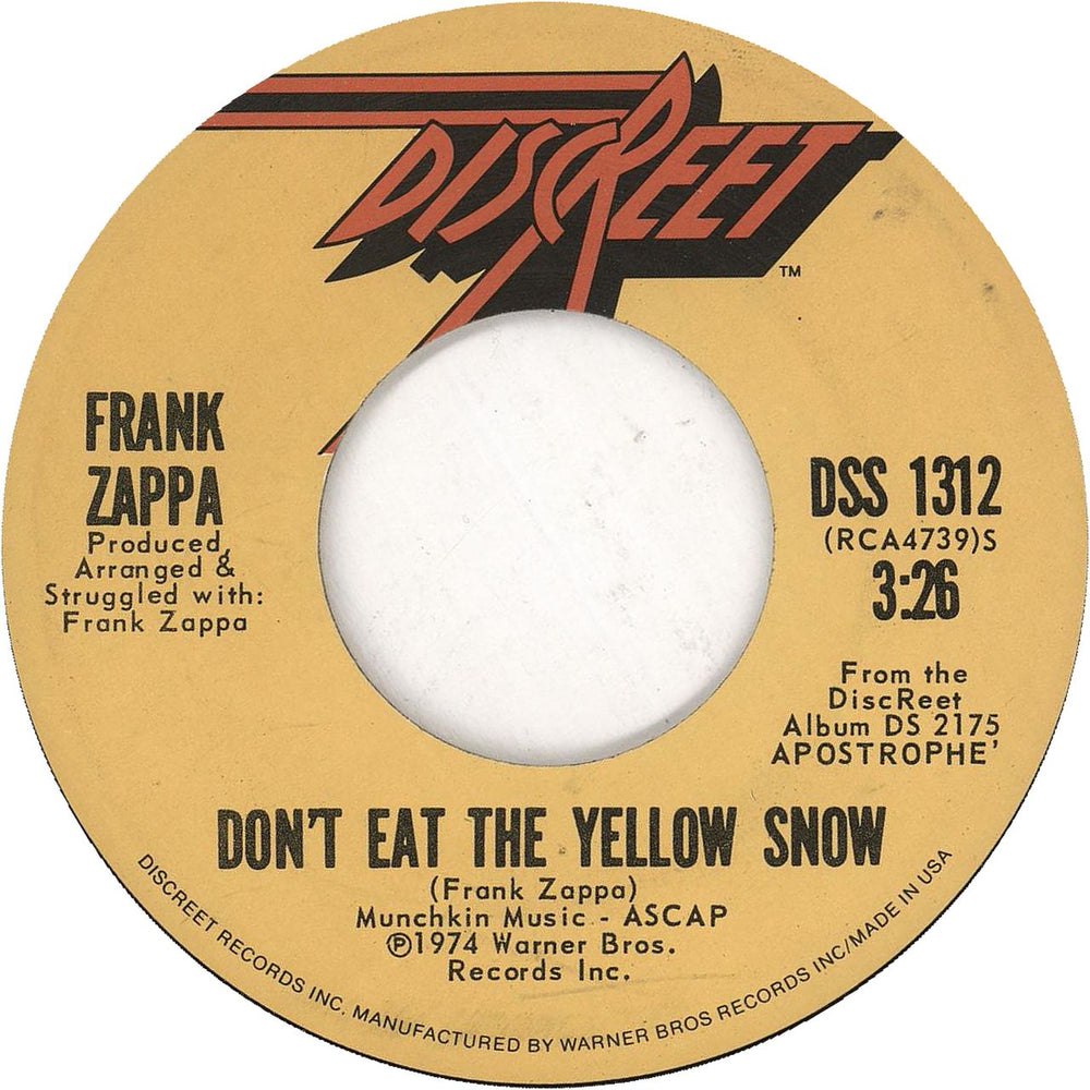 Frank Zappa Don't Eat The Yellow Snow US 7" vinyl single (7 inch record / 45) DSS1312