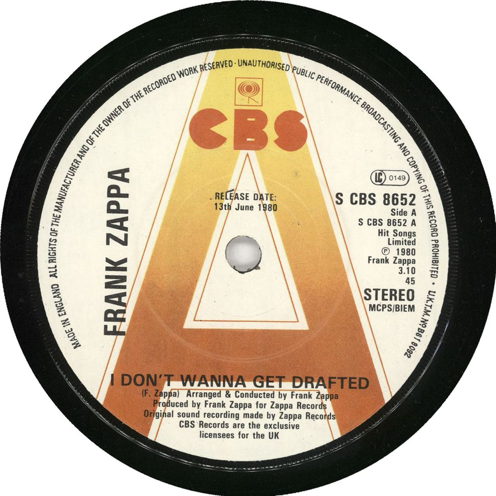 Frank Zappa I Don't Wanna Get Drafted - A Label UK Promo 7" vinyl single (7 inch record / 45) ZAP07ID49730