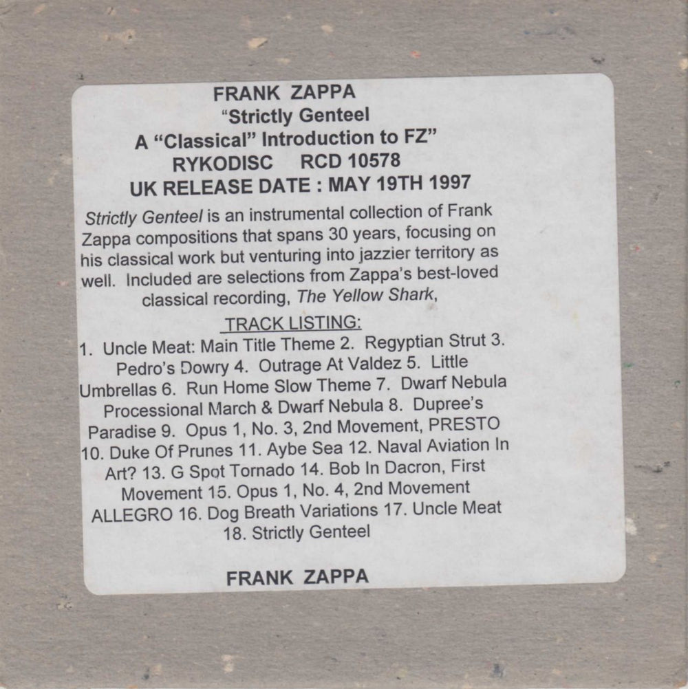 Frank Zappa Strictly Genteel - Stickered UK Promo CD album (CDLP) RCD10578ADV