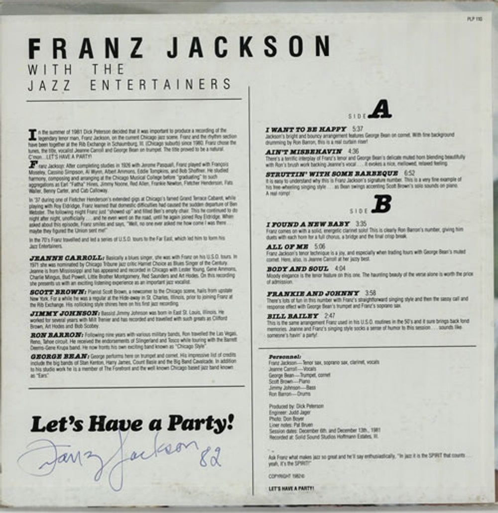 Franz Jackson Let's Have A Party - Autographed US vinyl LP album (LP record) FVULPLE641252