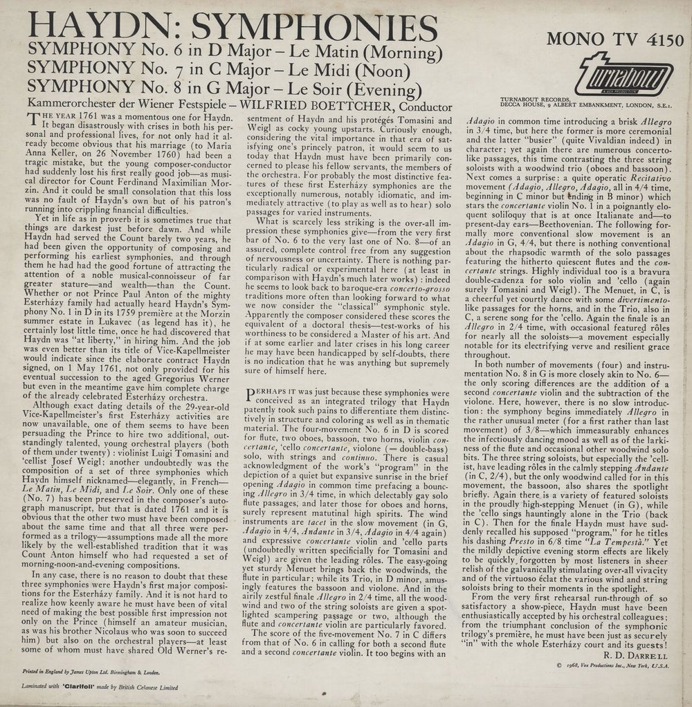 Franz Joseph Haydn Symphonies No. 6 "Le Matin", No. 7 "Le Midi & No. 8 "Le Soir" UK vinyl LP album (LP record)