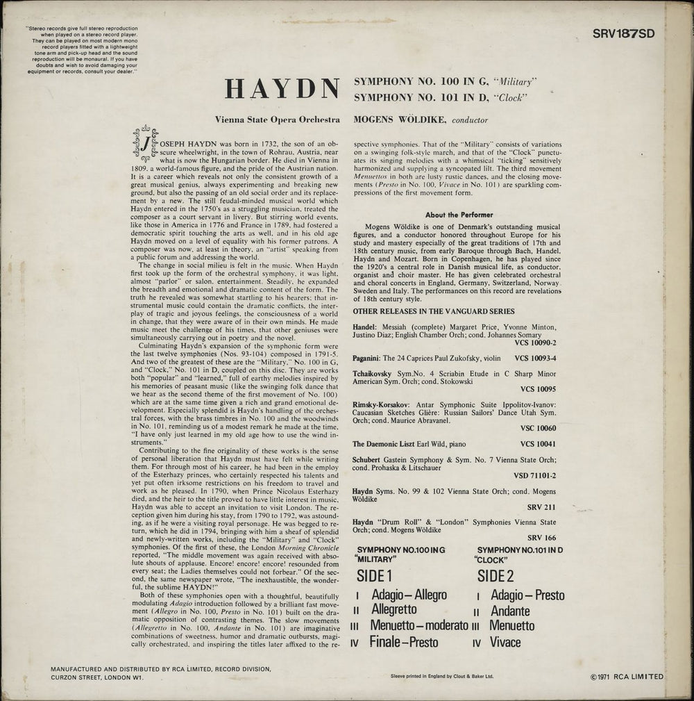 Franz Joseph Haydn Symphony No. 100 in G "Military" / Symphony No. 101 in D "Clock" UK vinyl LP album (LP record)