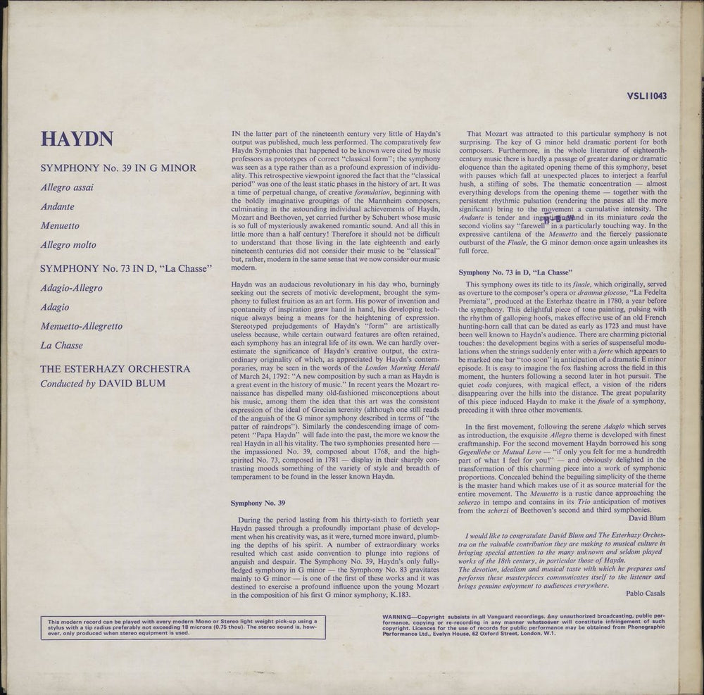 Franz Joseph Haydn Symphony No. 39 in G Minor / Symphony No. 73 in D "La Chase" UK vinyl LP album (LP record)