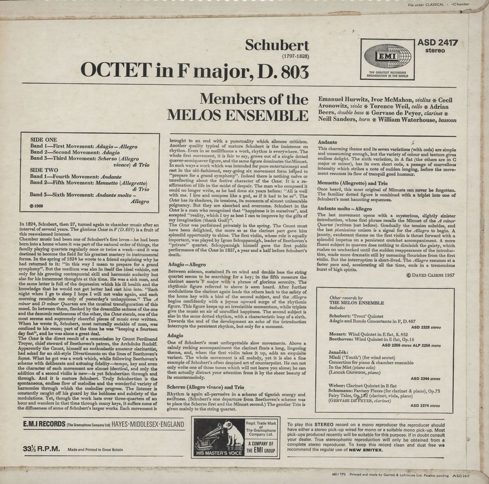 Franz Schubert Octet - 1st UK vinyl LP album (LP record)