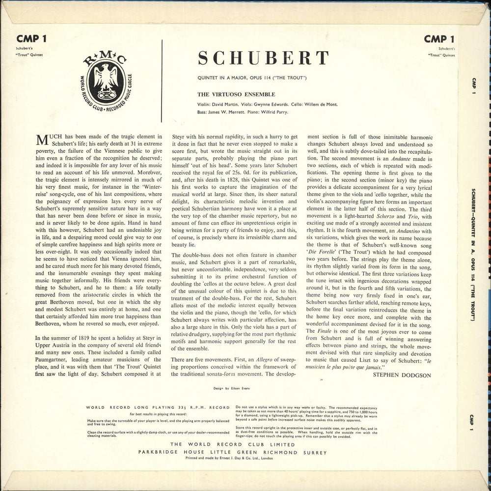 Franz Schubert Quintet in A Major, Op.114 ("The Trout") UK vinyl LP album (LP record)