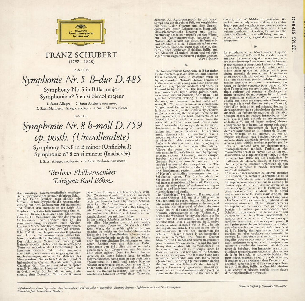 Franz Schubert Symphonien Nr. 5 & Nr. 8 (Unvollendete Inachevée Unfinished) German vinyl LP album (LP record)