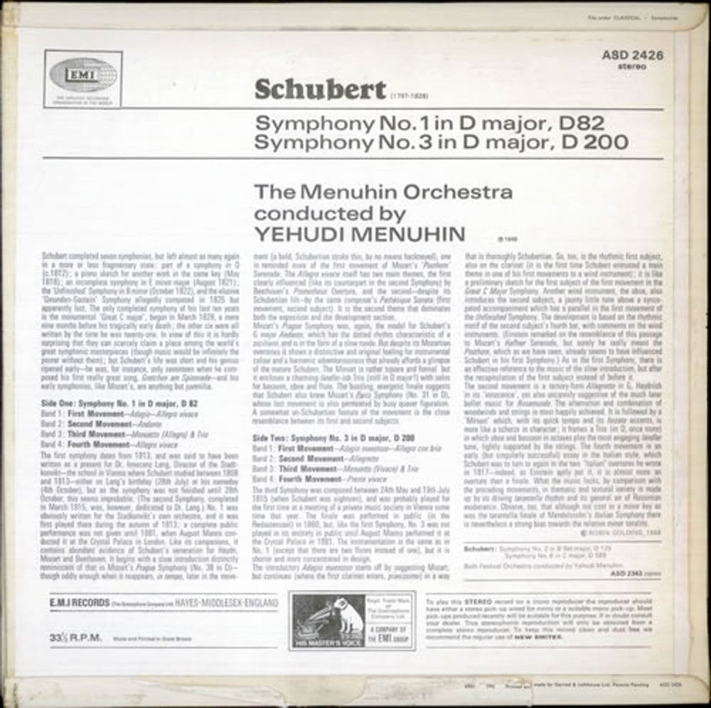 Franz Schubert Symphony No. 1 in D & Symphony No. 3 in D UK vinyl LP album (LP record) FT2LPSY531294